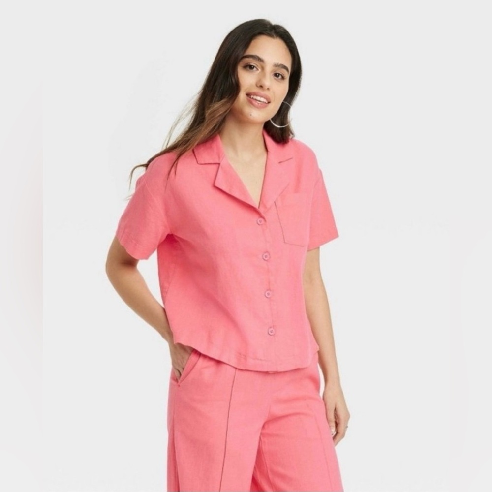 🌸A New Day Womens Size L Button-Down Pink Linen Short Sleeve Blouse NWT🌸